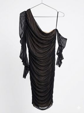 VENUS Black One-Shoulder Ruched Sheer Cocktail Dress